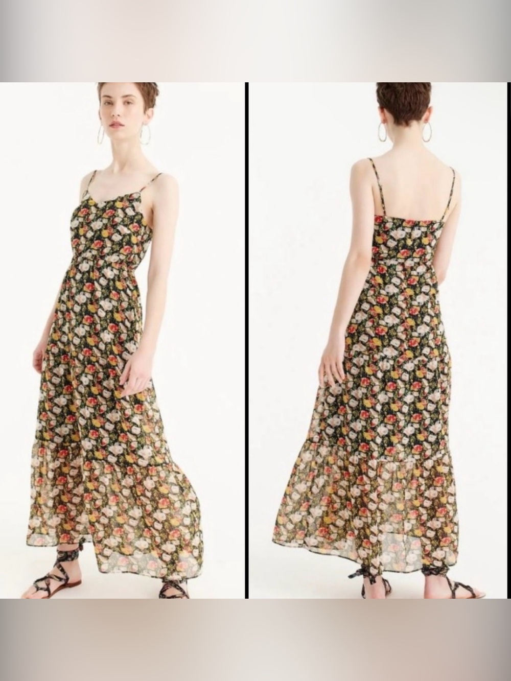 J.Crew Mercantile Black Floral Tiered Maxi Dress Size 0P Petite